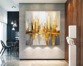Golden Reverie: Original Oil Skyline with Reflection