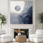 Handmade Abstract Oil Painting – Celestial Moon & Ocean Waves