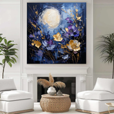 Moonlit Bloom – Original Handmade Floral Oil Painting in Gold, Violet & Blue