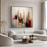Urban Rhythm: A Symphony in Beige and Crimson Original Oil Painting