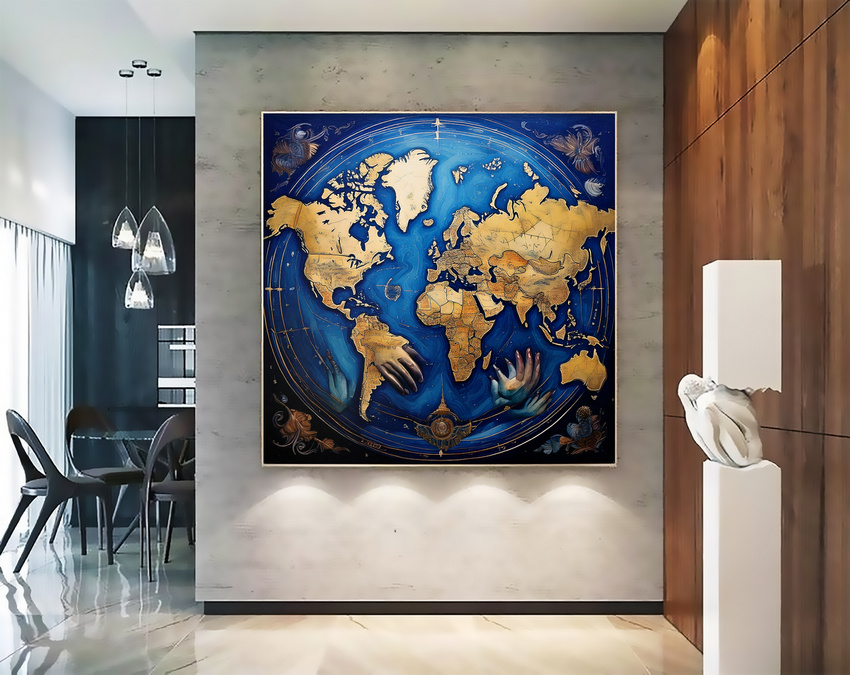 Atlas Reverie – Original World Map Painting in Gold and Cobalt