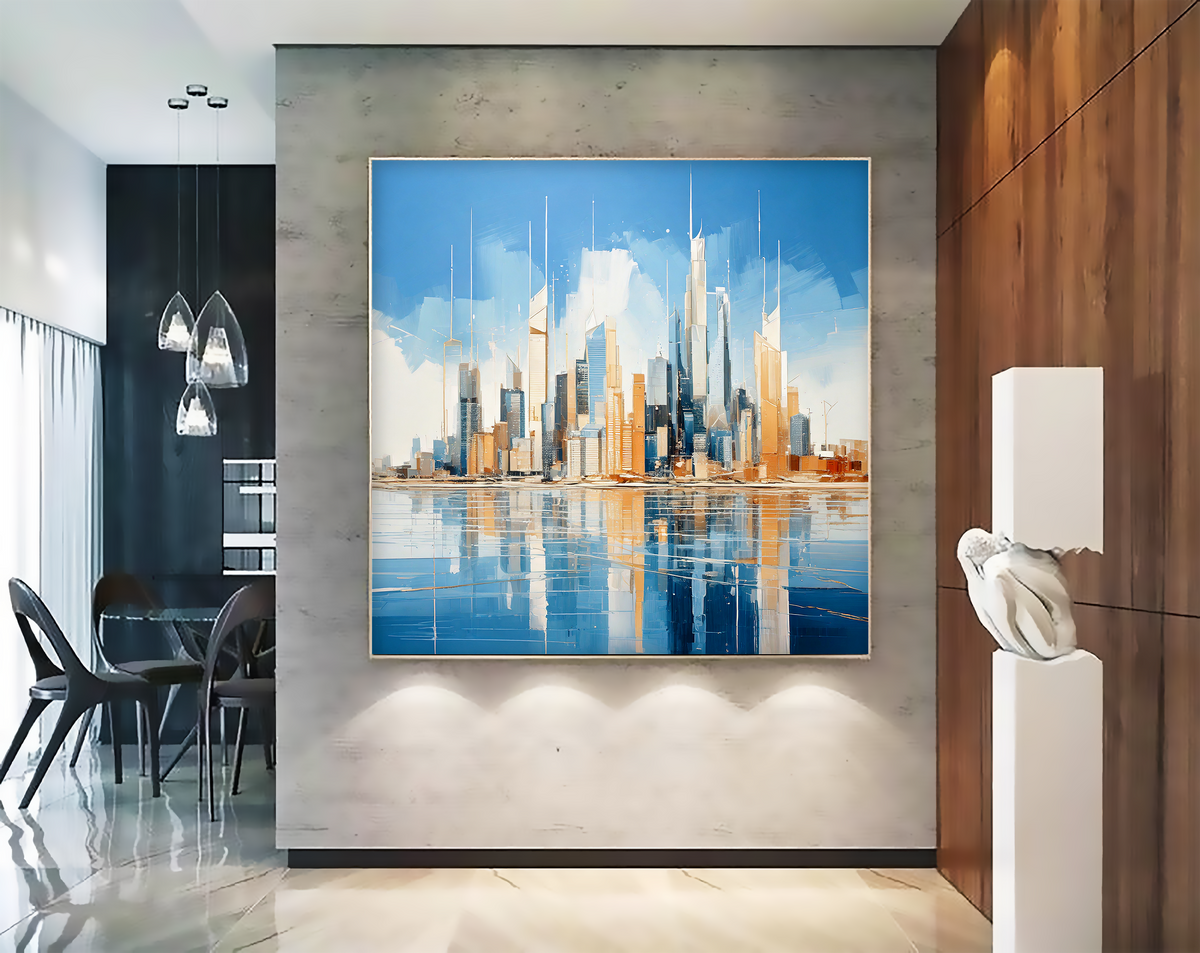 Crystal City: Original Oil Skyline with Reflection – Handmade Oil Painting on Canvas