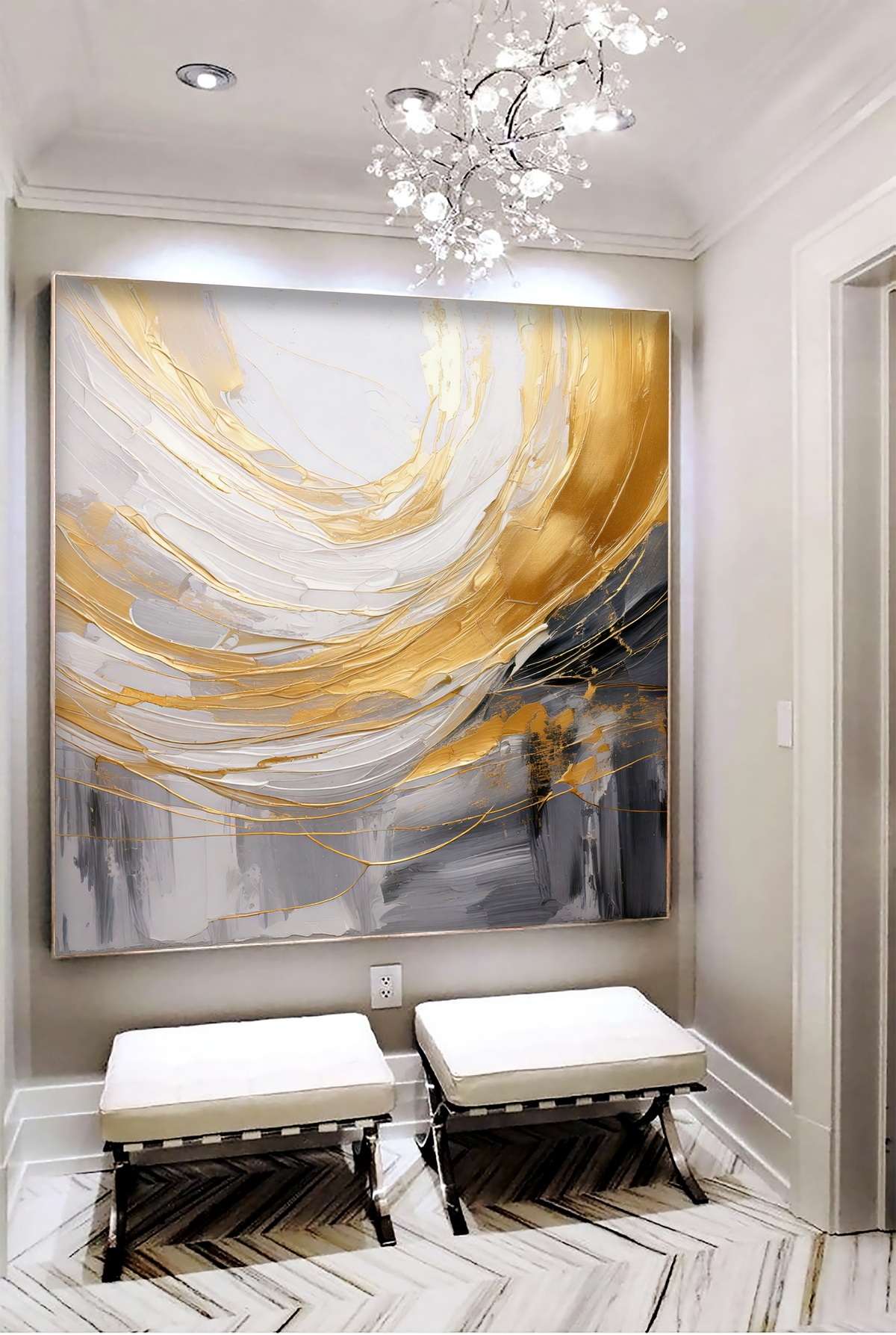 Golden Horizon – Original Handmade Abstract Oil Painting in Gold, Gray & White