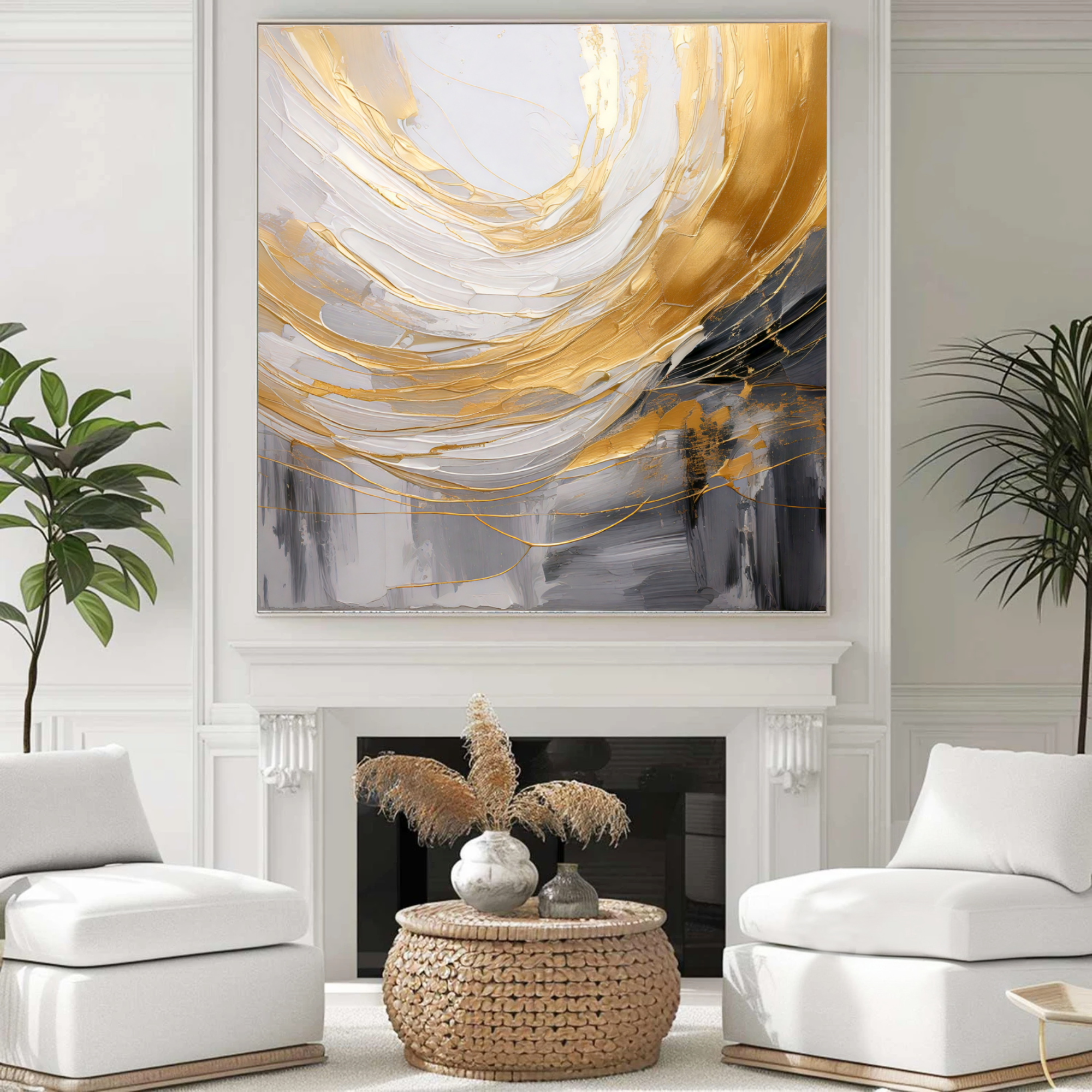 Golden Horizon – Original Handmade Abstract Oil Painting in Gold, Gray & White