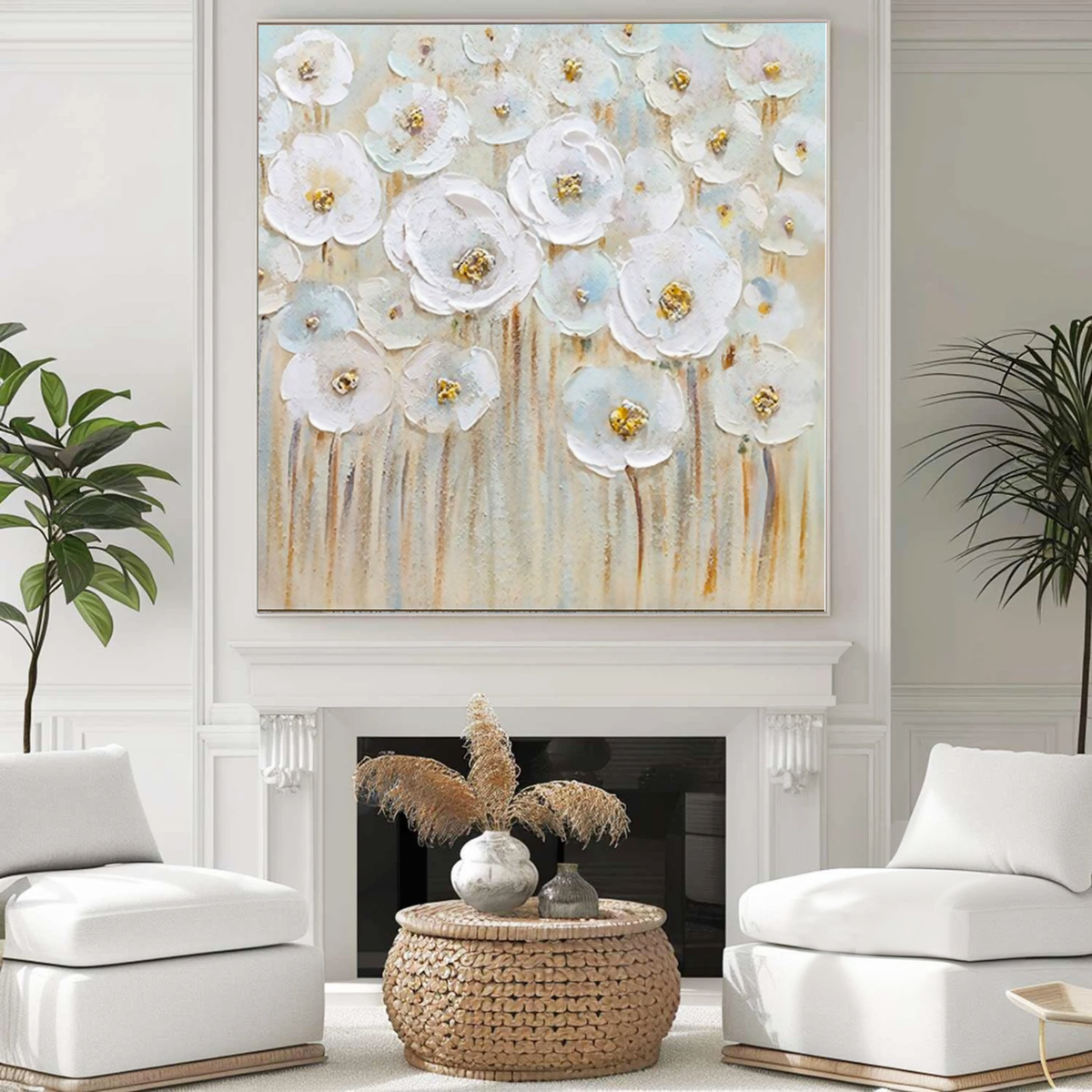Whispers of Spring – Textured Floral Canvas in White & Gold