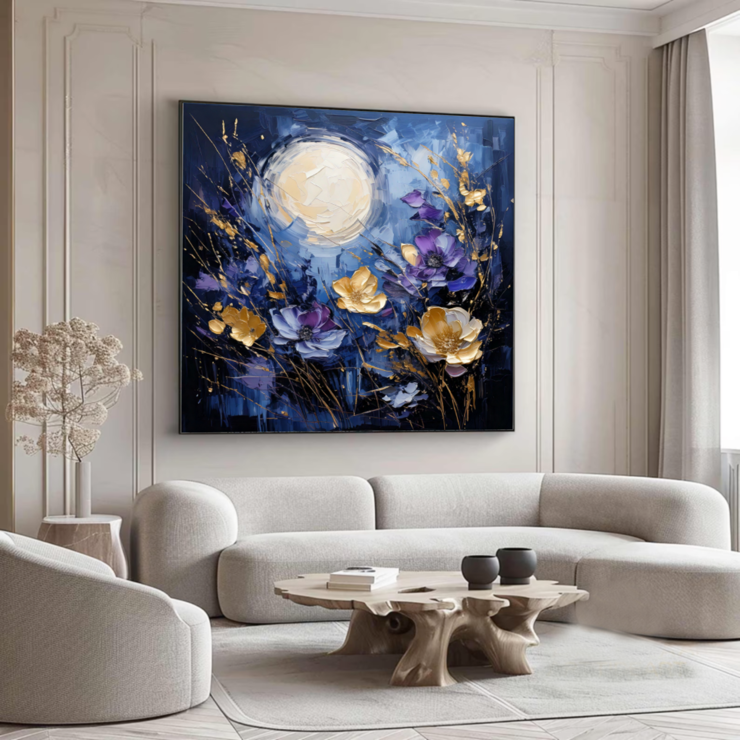 Moonlit Bloom – Original Handmade Floral Oil Painting in Gold, Violet & Blue