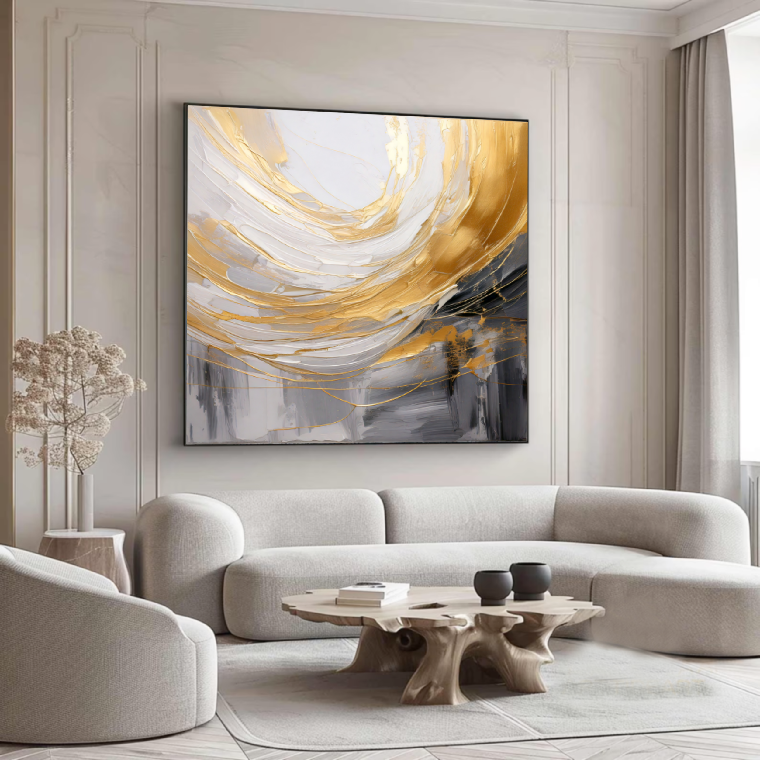 Golden Horizon – Original Handmade Abstract Oil Painting in Gold, Gray & White